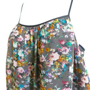 Margaret O'Leary Gray Floral Cami Tank Top Adj Straps Ruched Square Neckline S